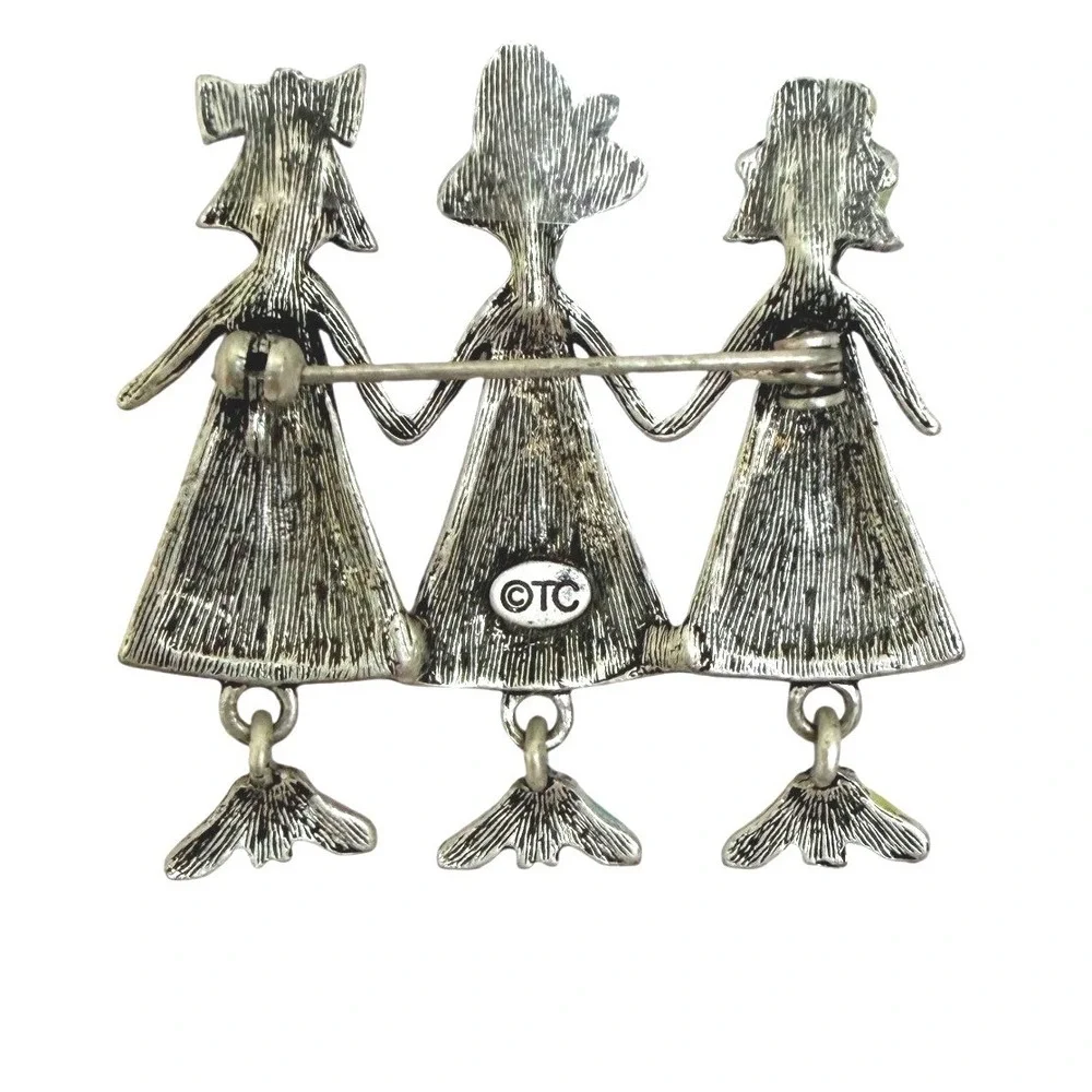 OTC Silver Tone Enamel Three Friends Holding Hands Brooch Whimsical BFF Kitsch